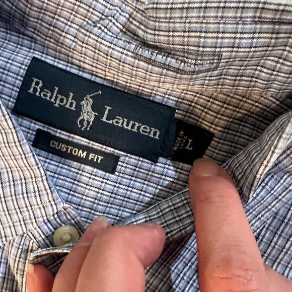 Ralph Lauren Custom Fit - Mens L L/S Button Down Oxford - Blue Gray White Plaid - Picture 5 of 13